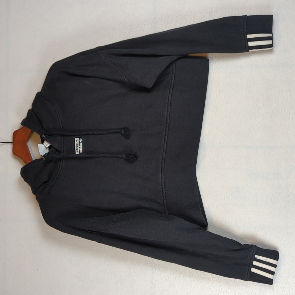 Adidas Black & White Stripes Cropped Fit Hooded Sweatshirt S‎ - Picture 2 of 9